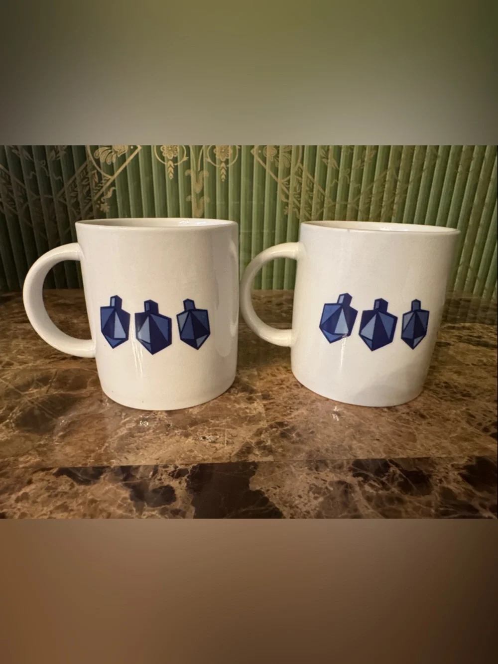 Crate&Barrel White Ceramic Mugs with Blue Geometric Motif - Pair